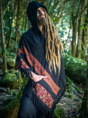 Mens Black Poncho Yak Wool Handmade with Large Hood and pockets, Earthy Tribal Pattern