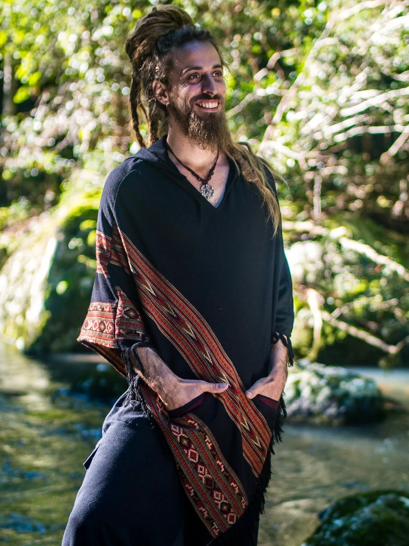 Mens Black Poncho Yak Wool Handmade with Large Hood and pockets, Earthy Tribal Pattern