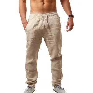 Men's Cotton Linen Long Pants Summer Solid Color Breathable Linen Trousers Male Casual Elastic Waist Casual Pants