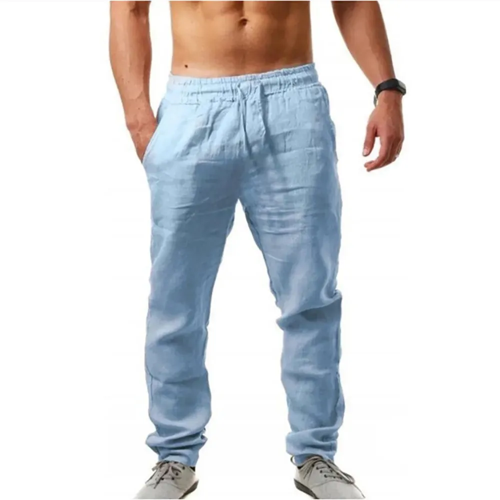 Men's Cotton Linen Long Pants Summer Solid Color Breathable Linen Trousers Male Casual Elastic Waist Casual Pants