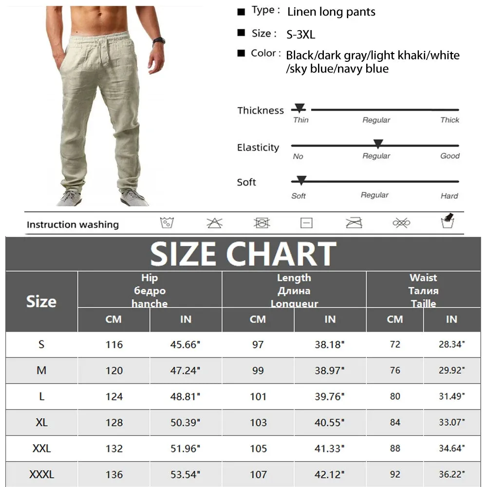 Men's Cotton Linen Long Pants Summer Solid Color Breathable Linen Trousers Male Casual Elastic Waist Casual Pants