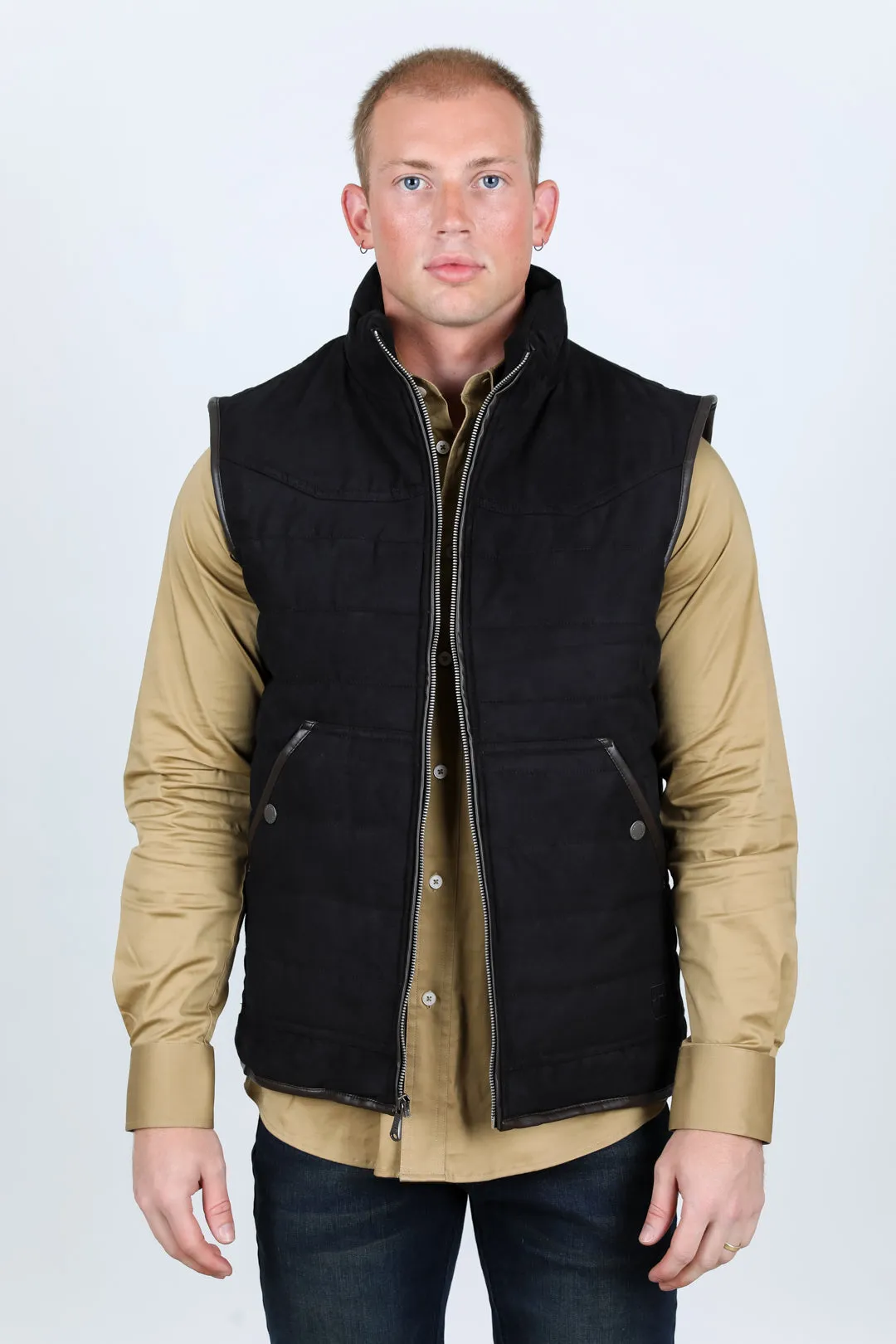 Men's Fur Lined Quilted Faux Suede Vest - Black