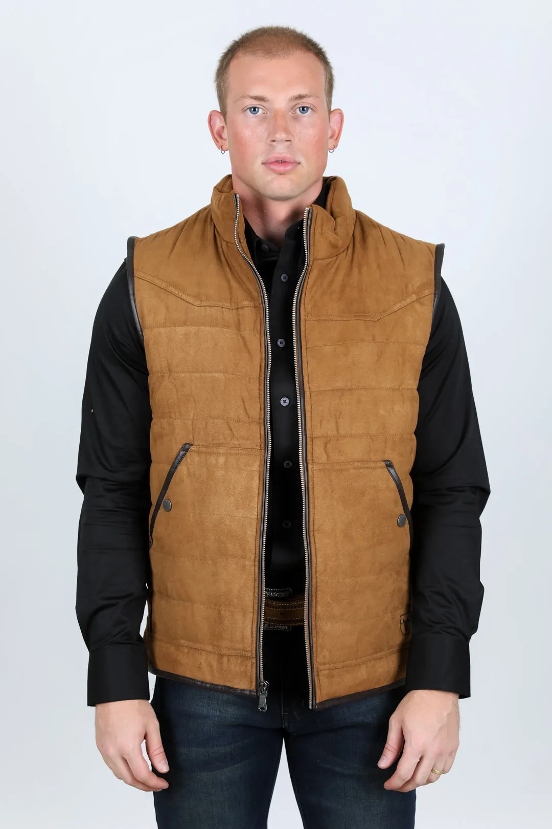 Men's Fur Lined Quilted Faux Suede Vest - Camel