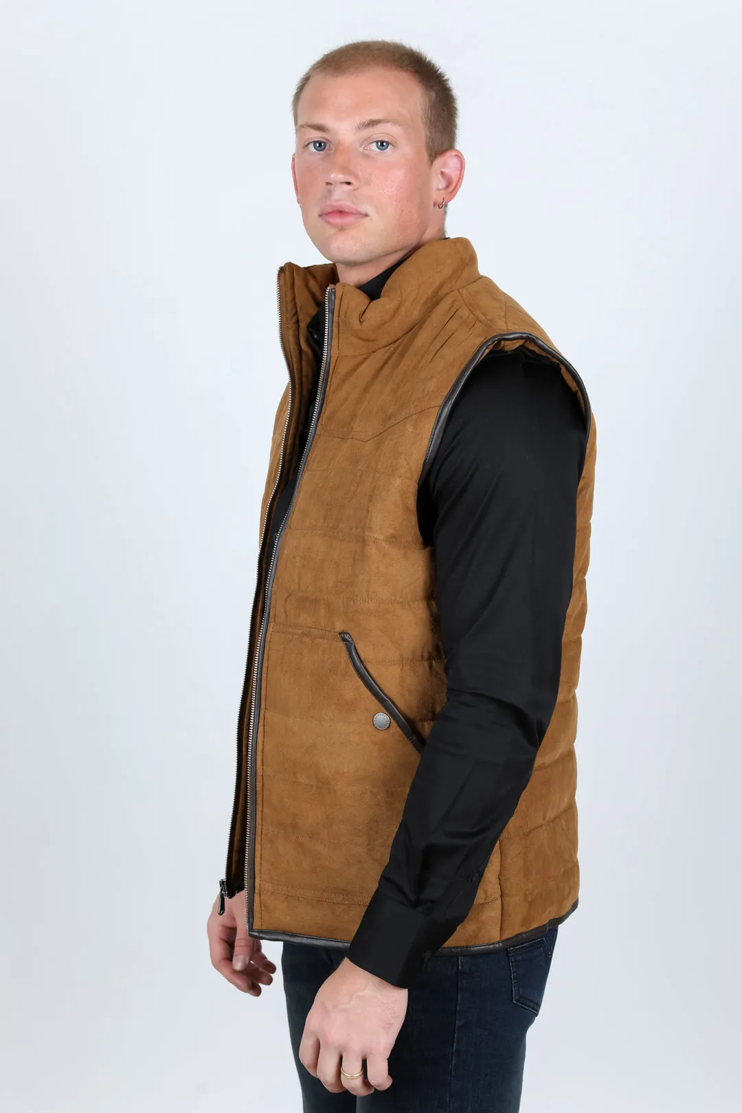 Men's Fur Lined Quilted Faux Suede Vest - Camel