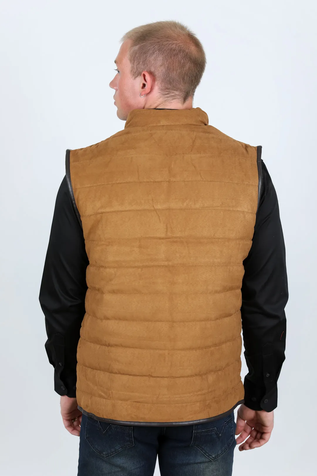 Men's Fur Lined Quilted Faux Suede Vest - Camel