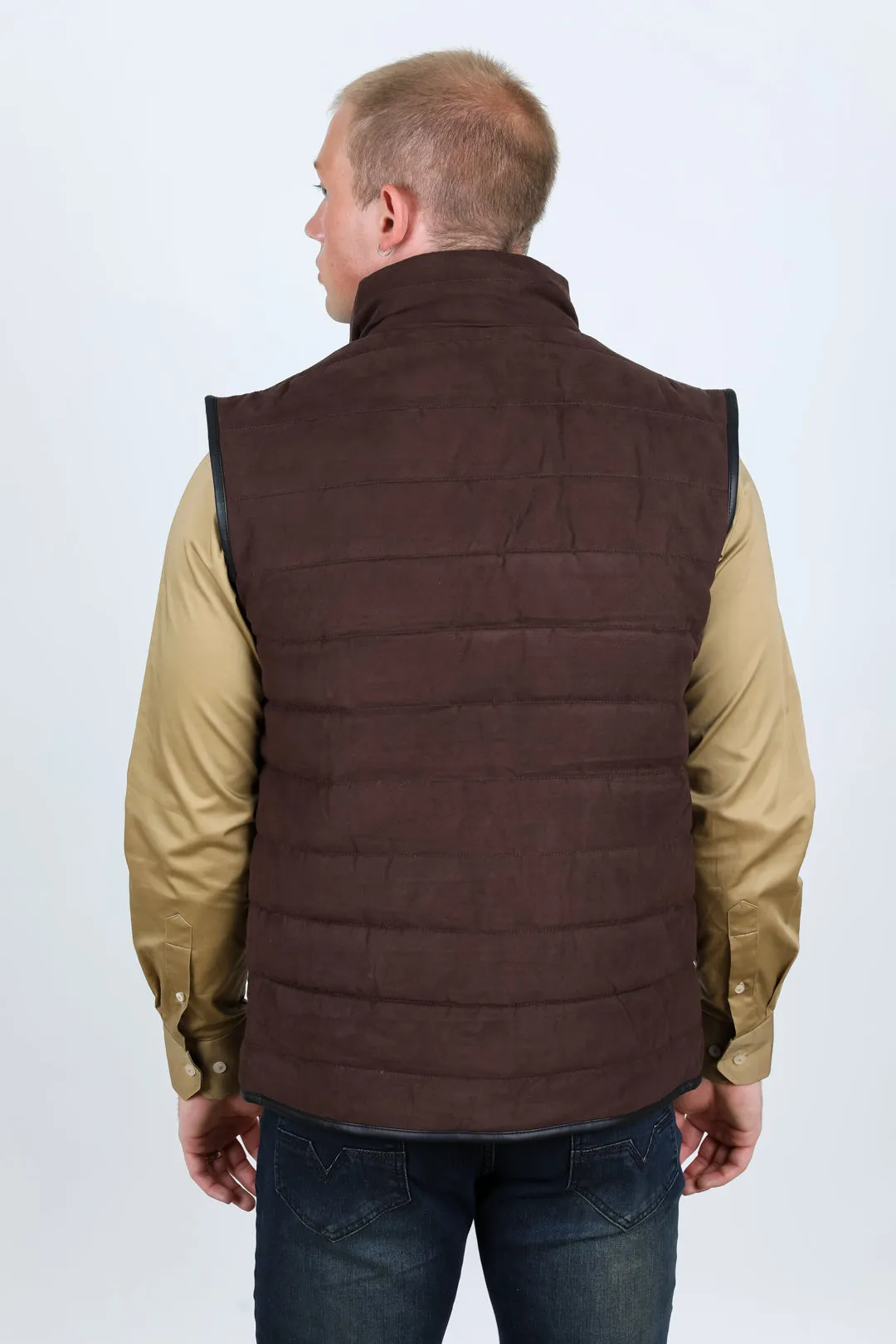 Men's Fur Lined Quilted Faux Suede Vest - Dark Brown