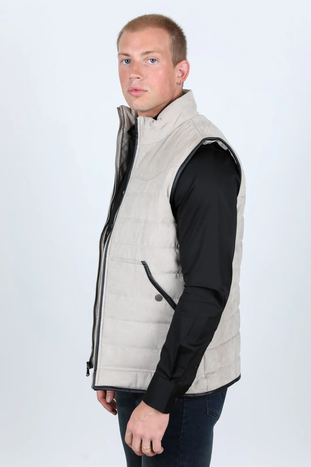 Men's Fur Lined Quilted Faux Suede Vest - Gray