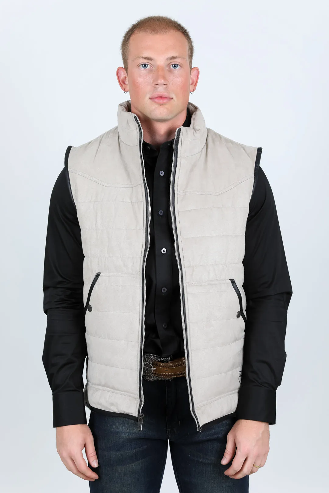 Men's Fur Lined Quilted Faux Suede Vest - Gray