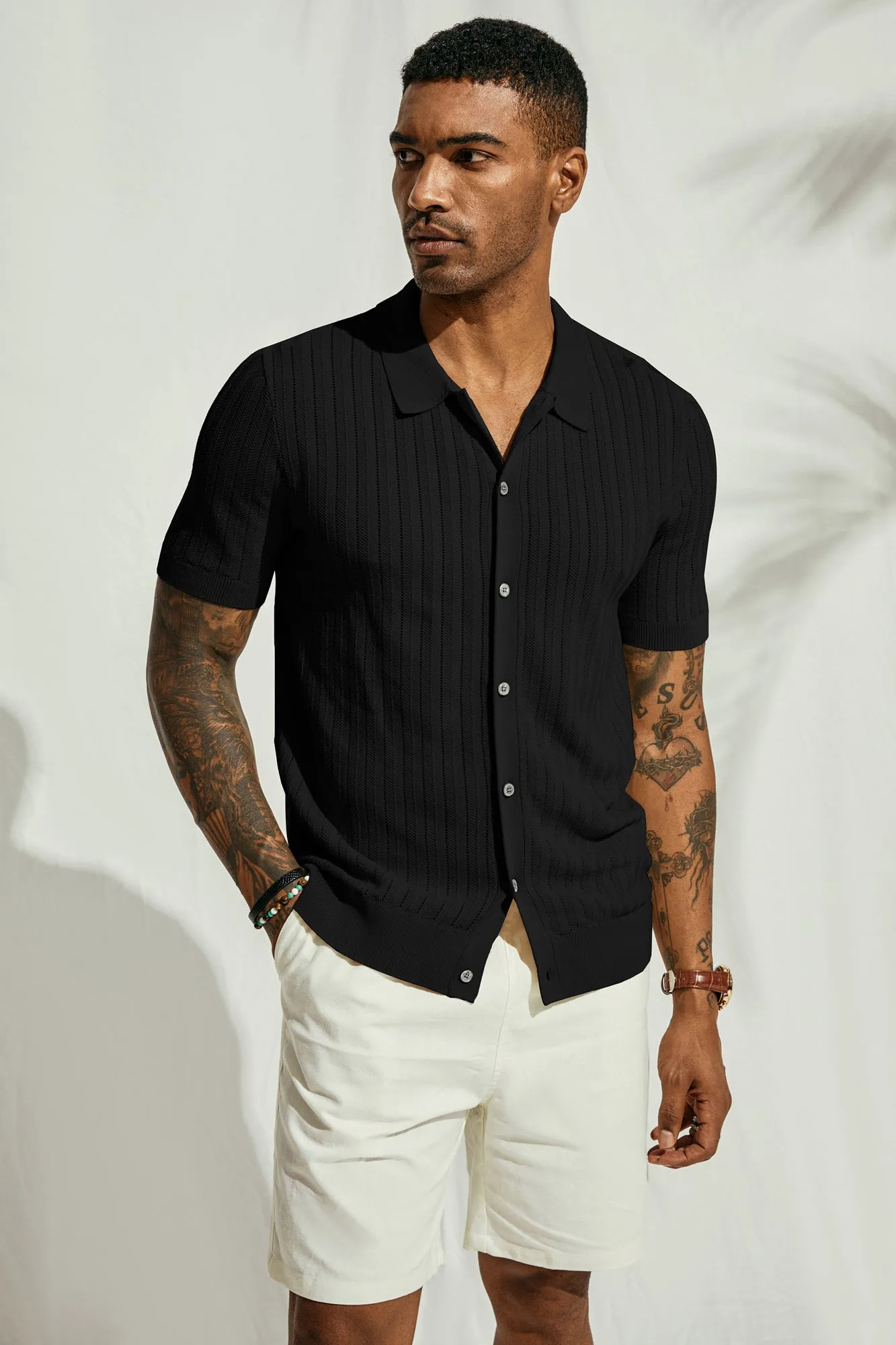 Mens Knit Polo Shirts Hollow Out Short Sleeve Lapel Collar Button-up Front Polo Cardigan Shirt