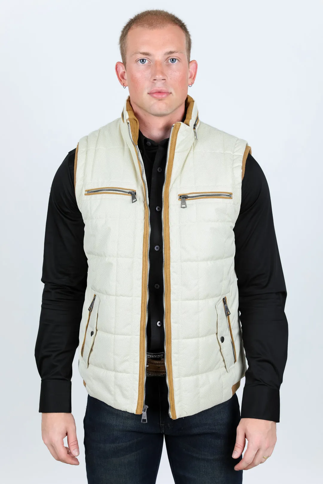 Men's Quilted Fur Lined Vest - Beige