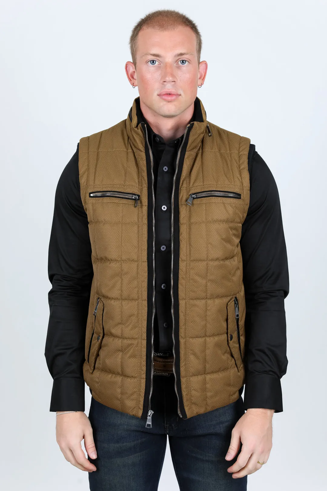 Men's Quilted Fur Lined Vest - Camel