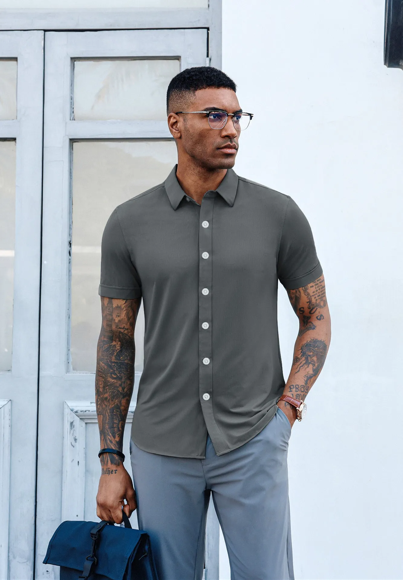 Mens Short Sleeve Casual Button Down Shirts 4-Way Stretch Travel Dress Shirt