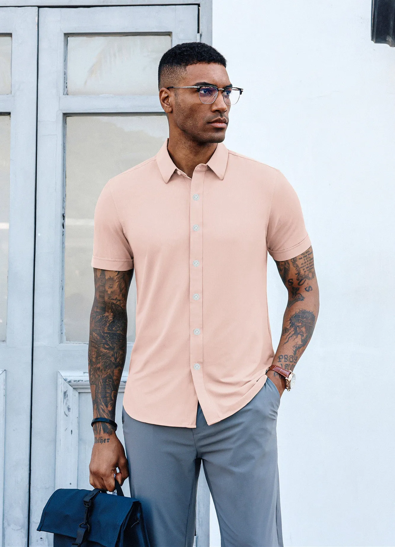 Mens Short Sleeve Casual Button Down Shirts 4-Way Stretch Travel Dress Shirt