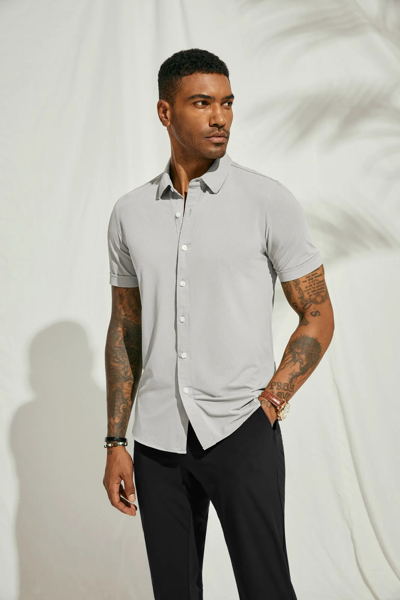 Mens Short Sleeve Casual Button Down Shirts 4-Way Stretch Travel Dress Shirt