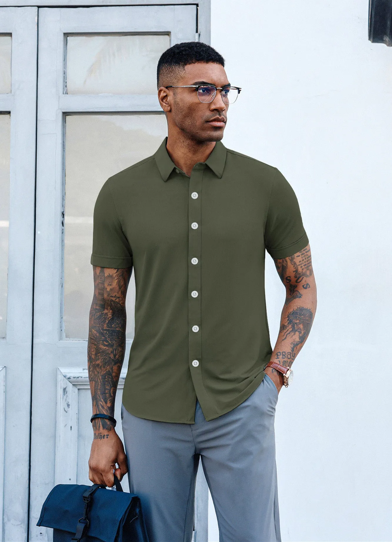 Mens Short Sleeve Casual Button Down Shirts 4-Way Stretch Travel Dress Shirt