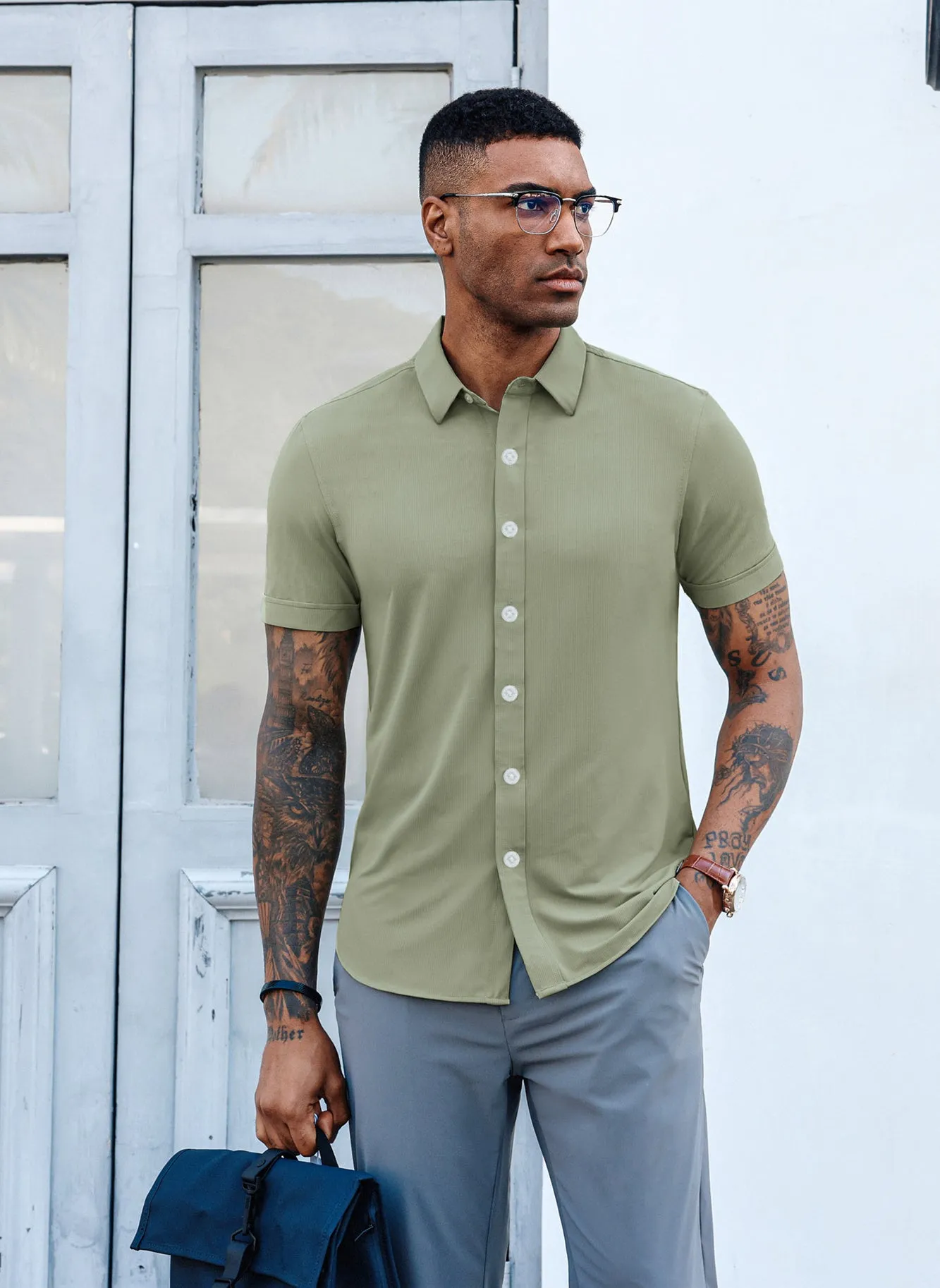 Mens Short Sleeve Casual Button Down Shirts 4-Way Stretch Travel Dress Shirt