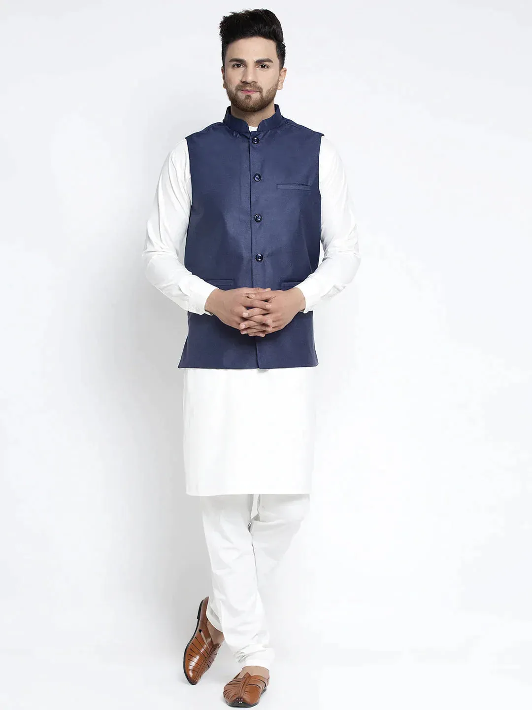 Men'S Solid White Cotton Kurta Payjama With Solid Navy Waistcoat