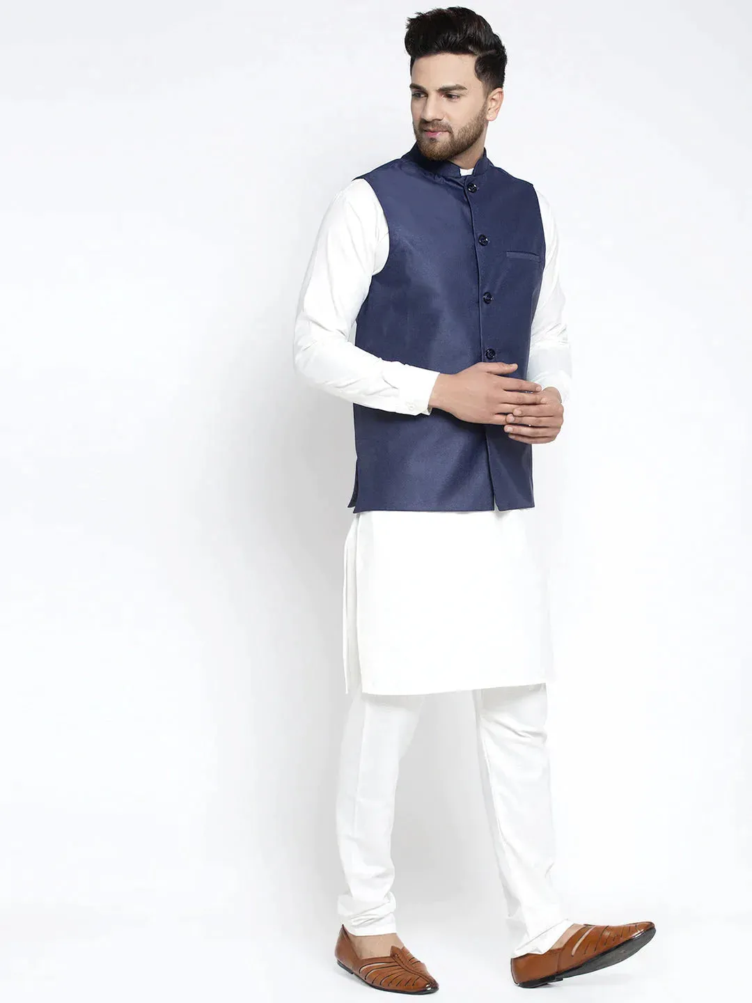 Men'S Solid White Cotton Kurta Payjama With Solid Navy Waistcoat