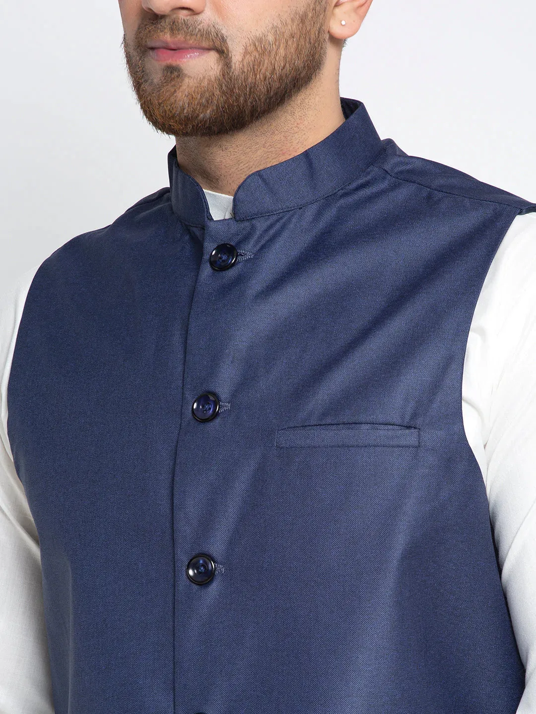 Men'S Solid White Cotton Kurta Payjama With Solid Navy Waistcoat