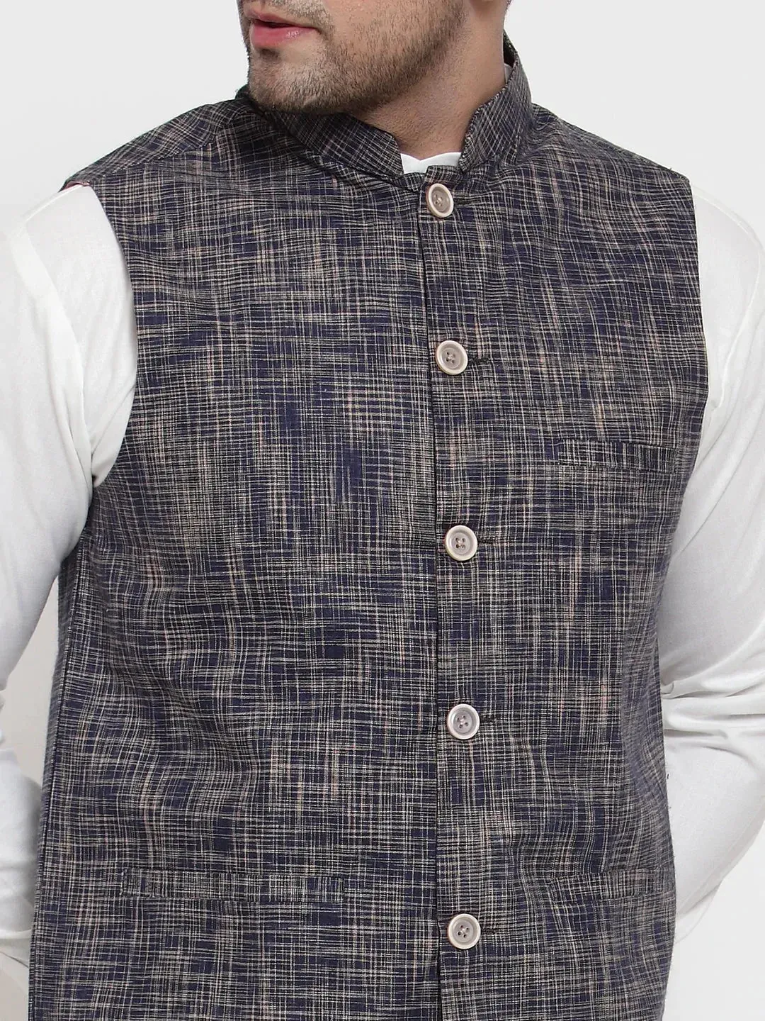 Men'S White Solid Kurta With Pyjamas & Blue Nehru Jacket