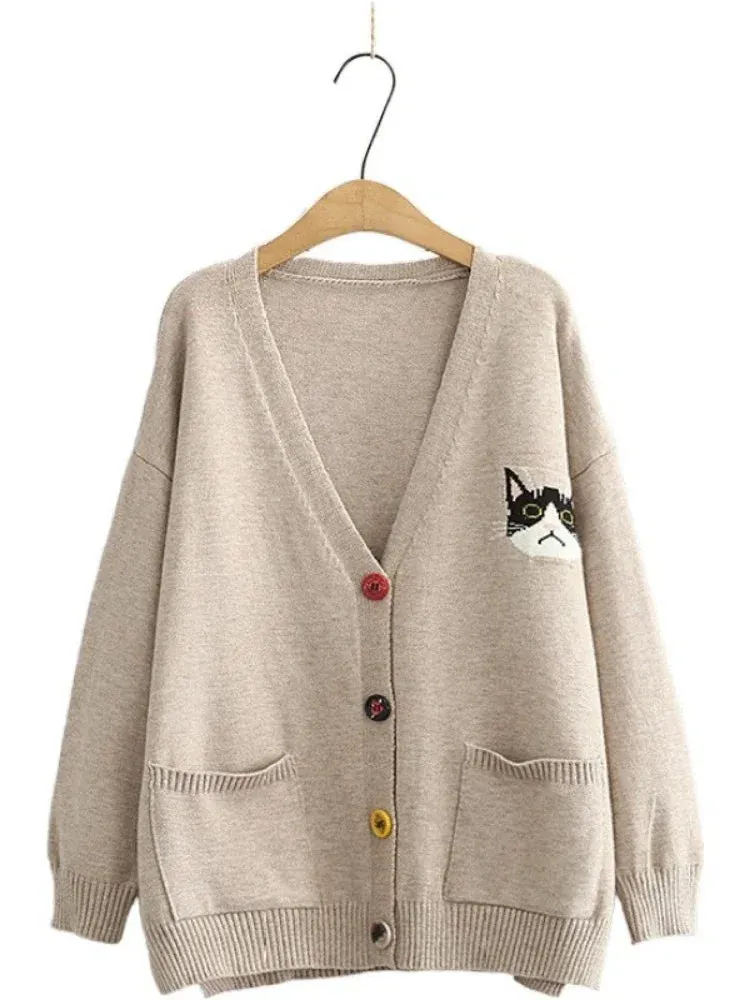 Metaversmall Women Cardigans Cartoon Cat Embroidery Casual Knitted Sweater Winter Long Sleeve V-neck Multicolor Button Preppy Style Top