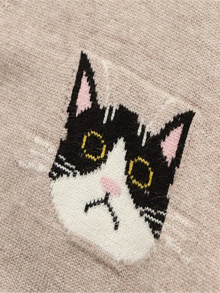 Metaversmall Women Cardigans Cartoon Cat Embroidery Casual Knitted Sweater Winter Long Sleeve V-neck Multicolor Button Preppy Style Top