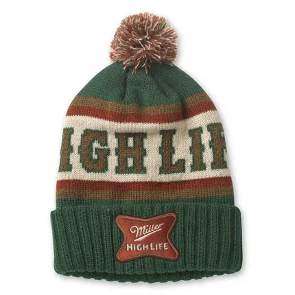 Miller High Life Pillow Line Pom Pom Beanie - Green/Gold/Ivory