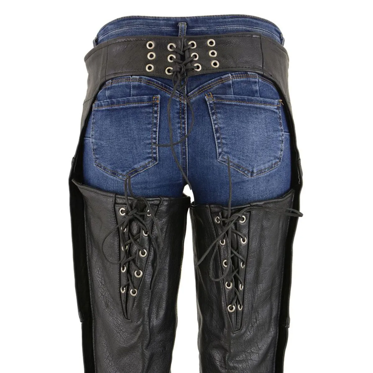 Milwaukee Leather Chaps for Women Black Naked Skin - Deep Hip Pockets and Back Thigh Laces Motorcycle Chap - ML1173