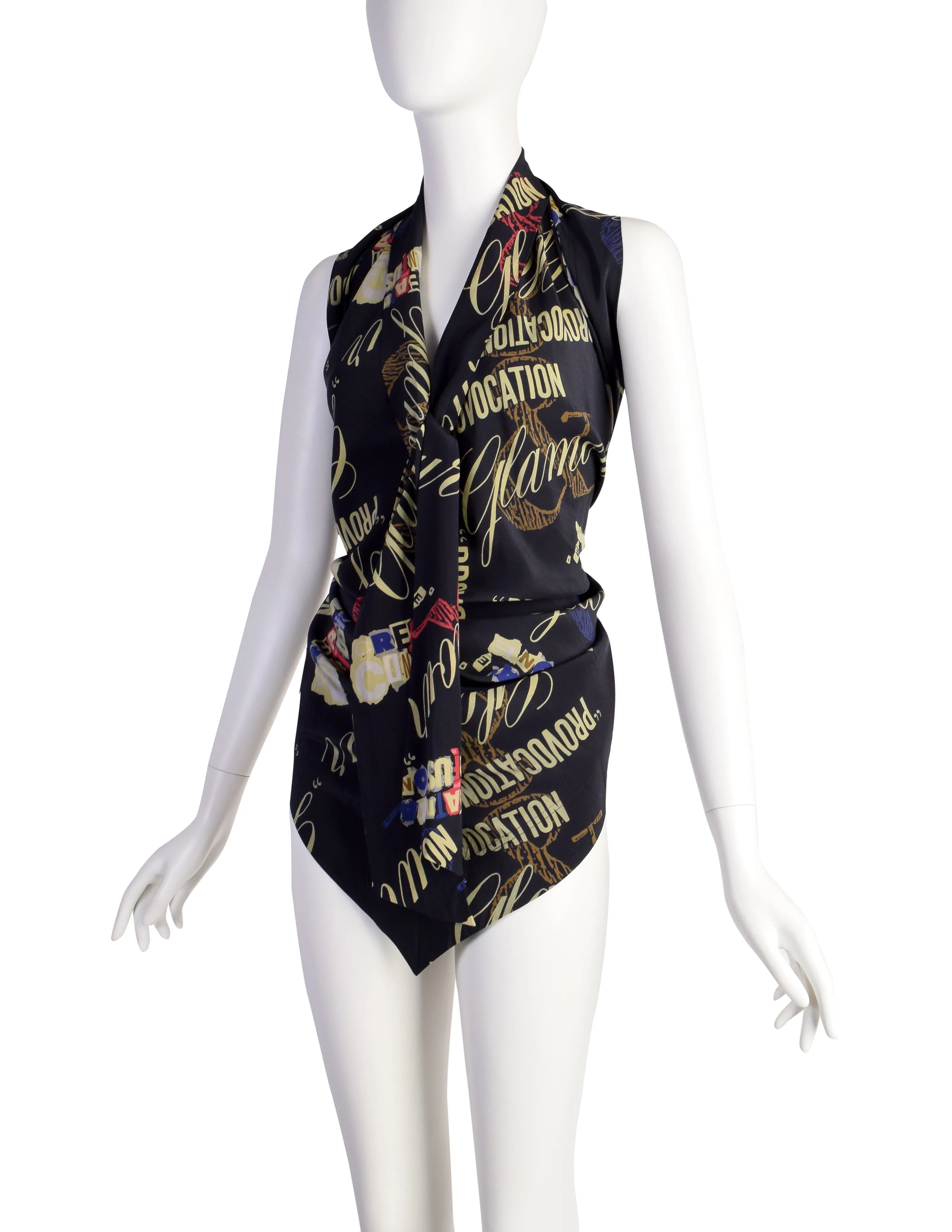 Moschino Vintage Provocation and Glamour Black Graphic Print Silk Scarf Top