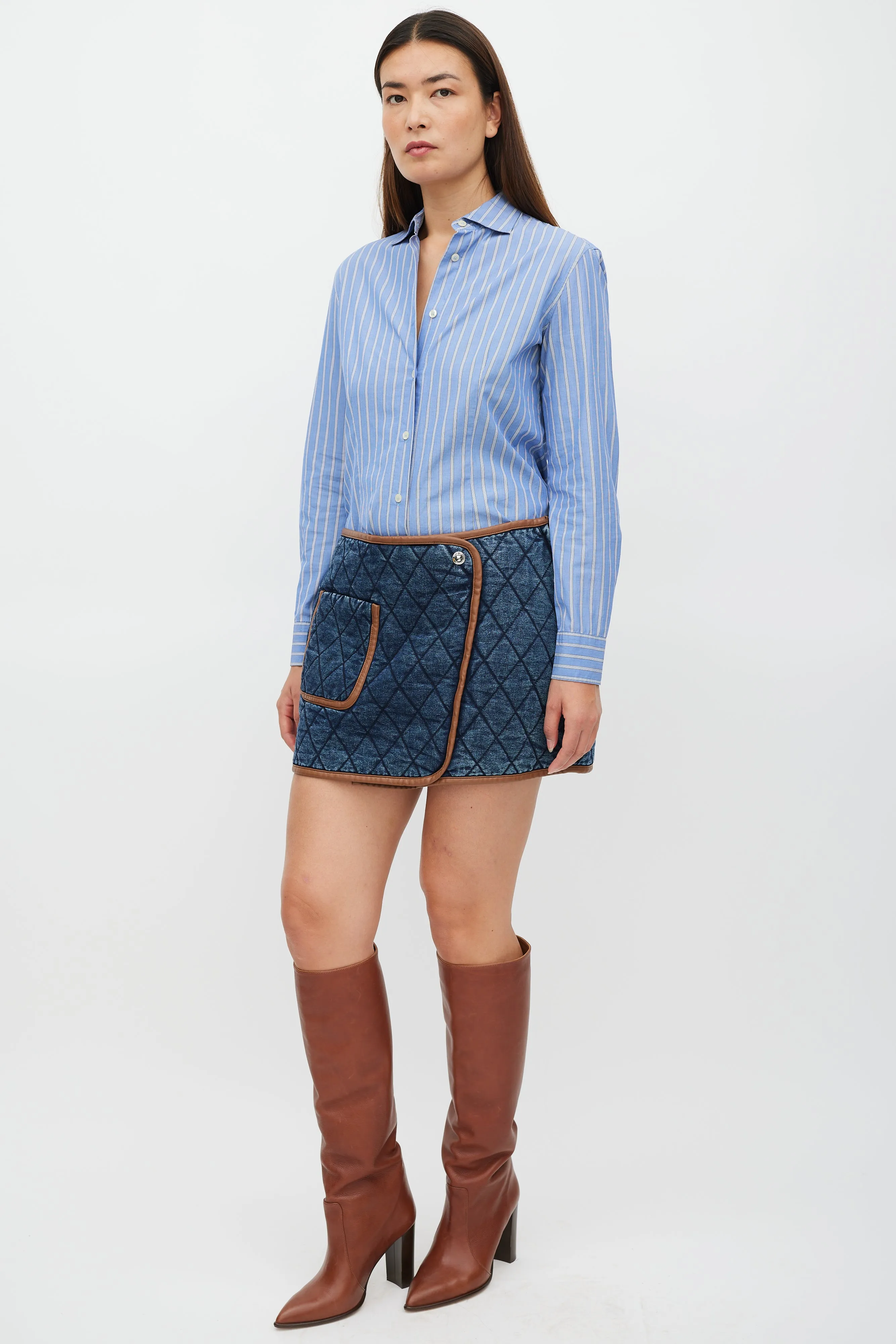 Navy & Brown Quilted Denim Skirt