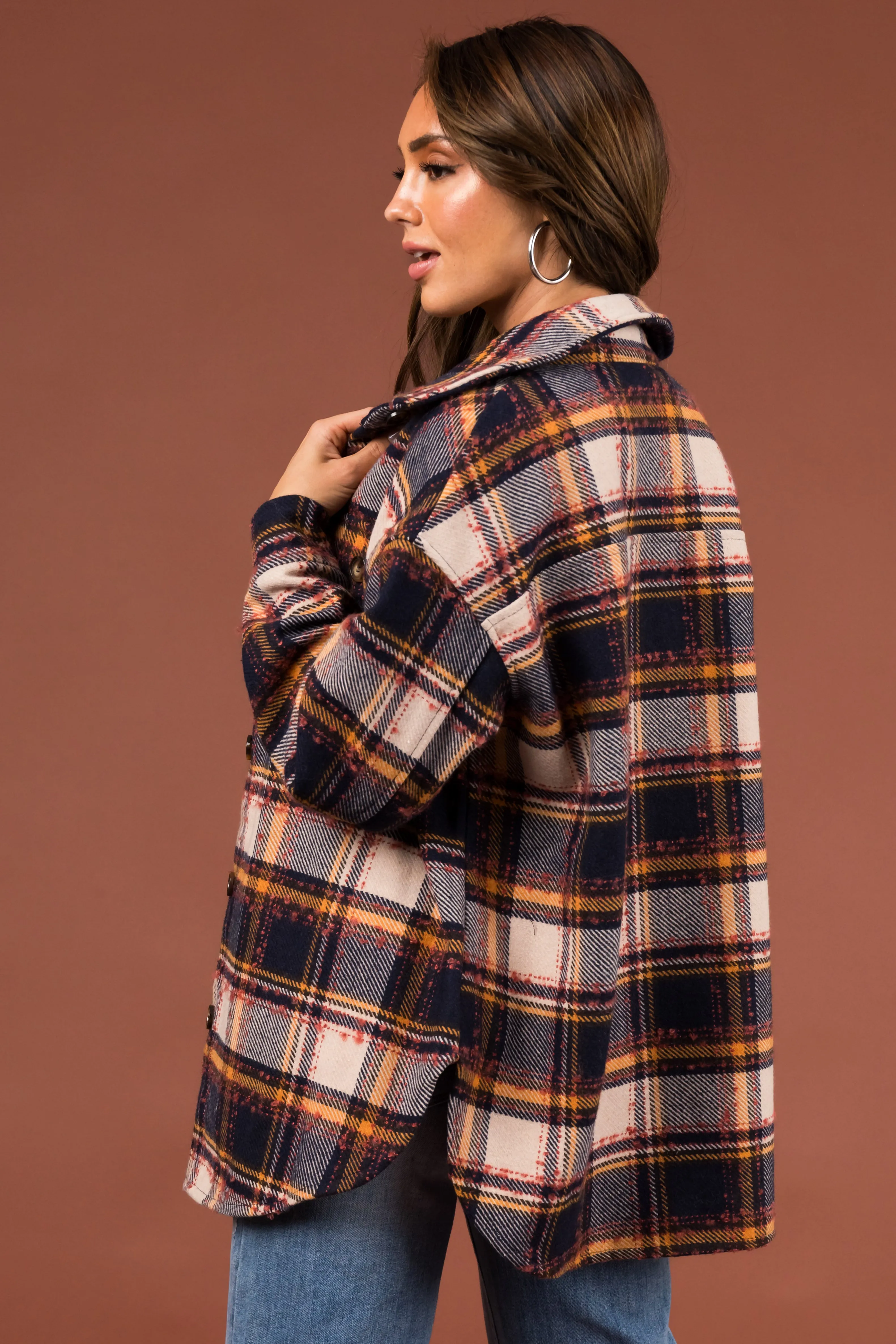 Navy and Champagne Plaid Long Sleeve Shacket