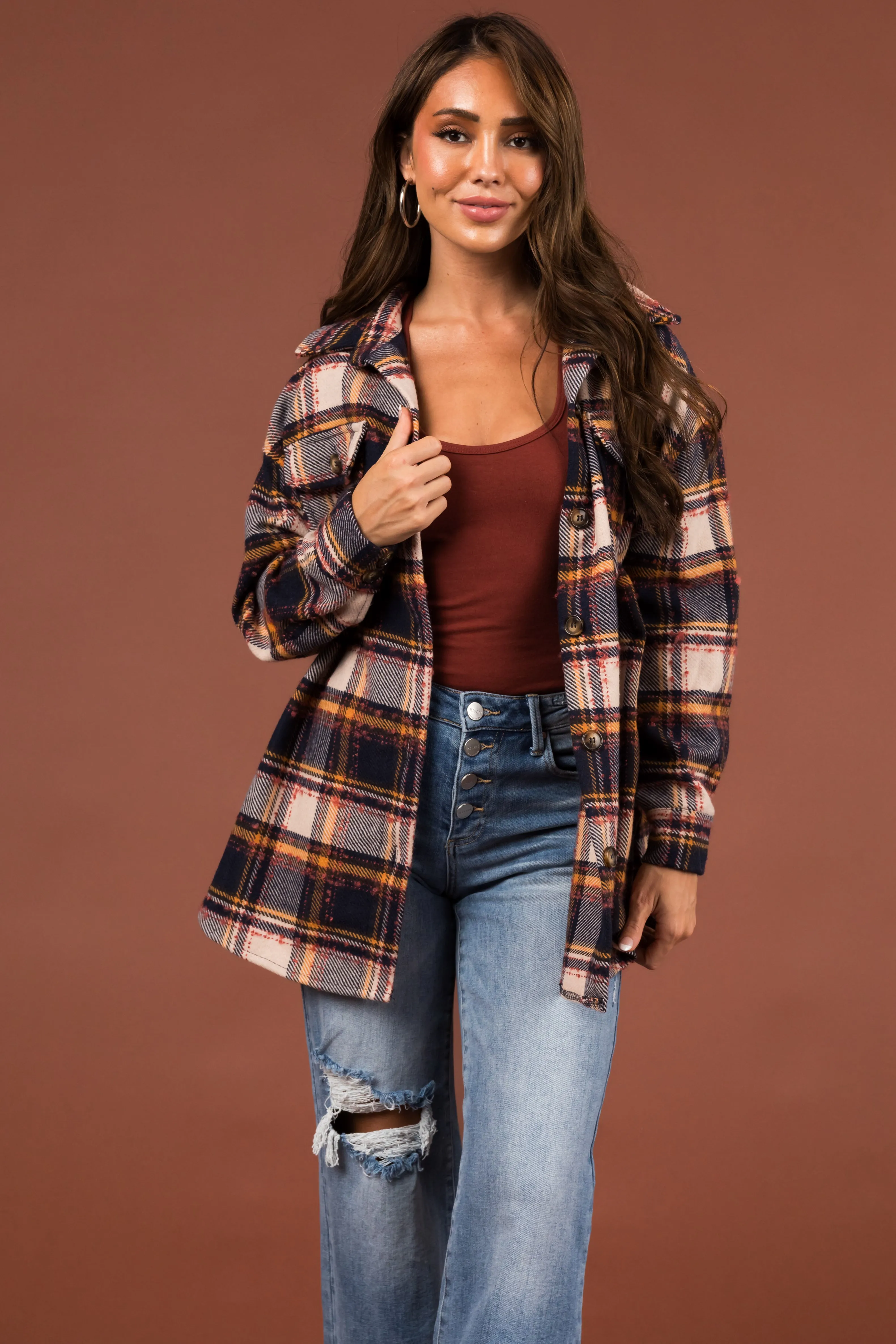 Navy and Champagne Plaid Long Sleeve Shacket