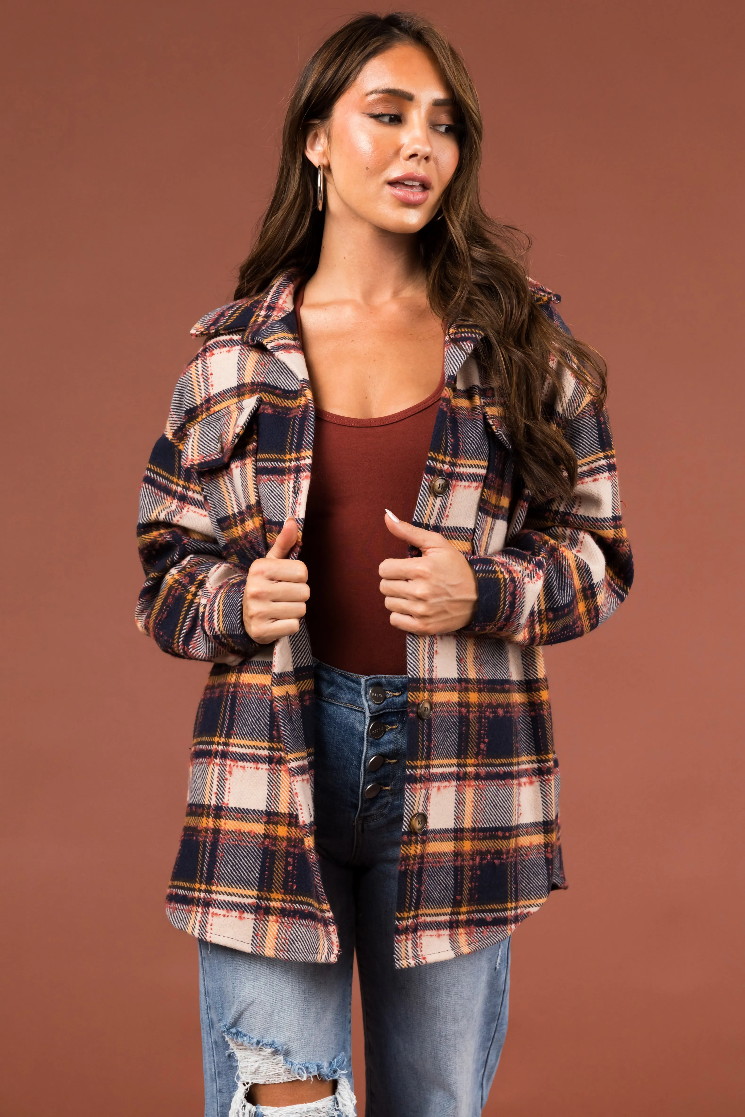 Navy and Champagne Plaid Long Sleeve Shacket