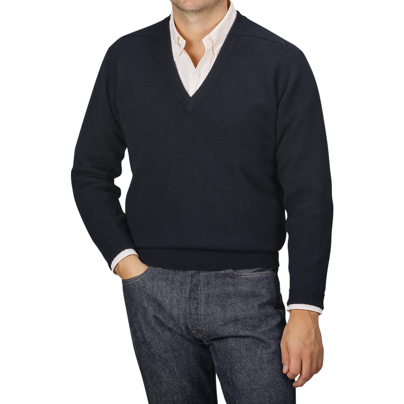 Navy Blue Deep V-Neck Lambswool Sweater