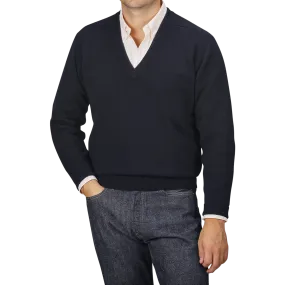 Navy Blue Deep V-Neck Lambswool Sweater