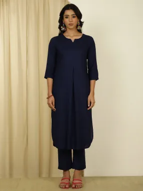 Navy Blue Pleated Straight Kurta With Pants