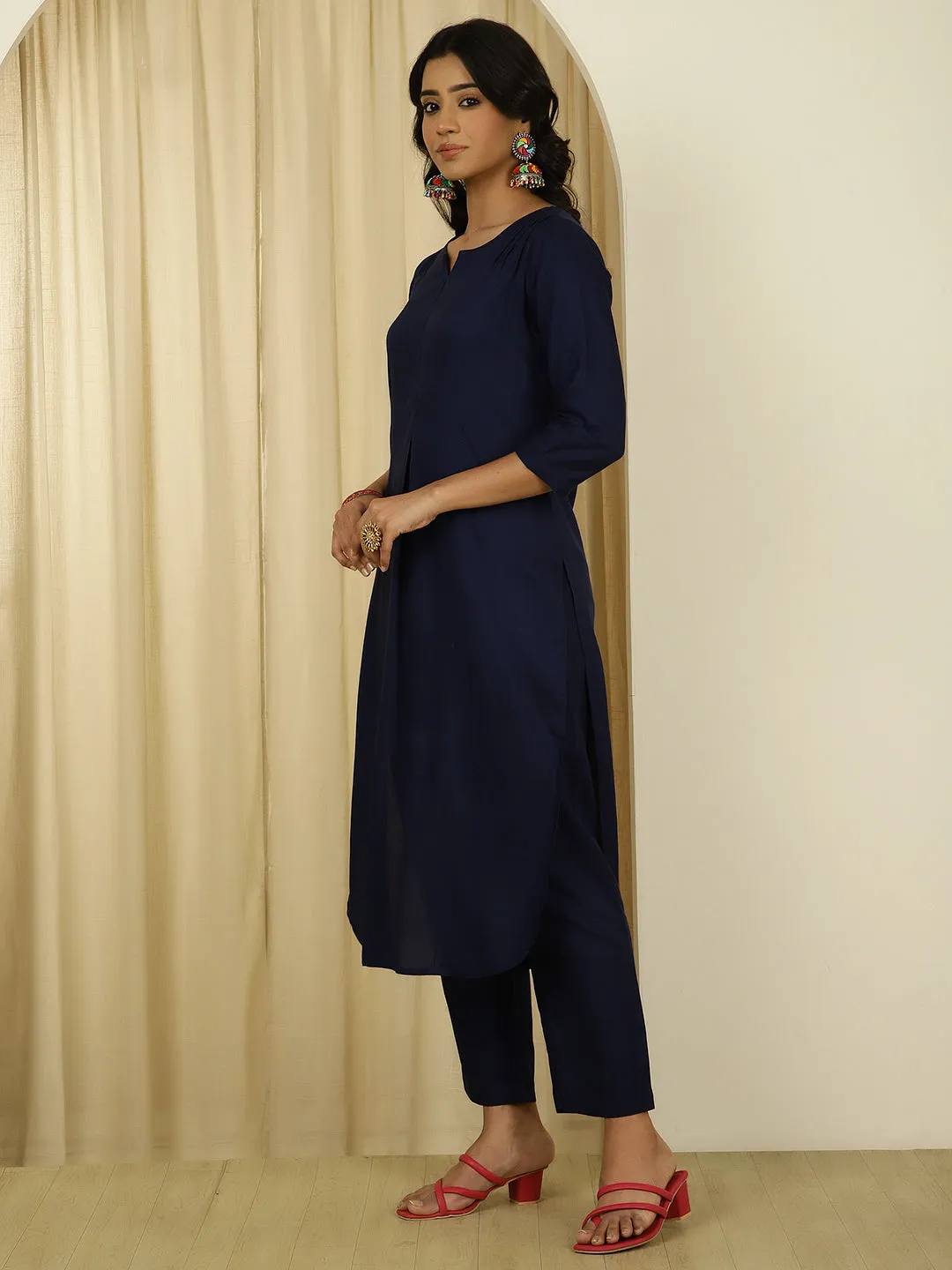 Navy Blue Pleated Straight Kurta With Pants