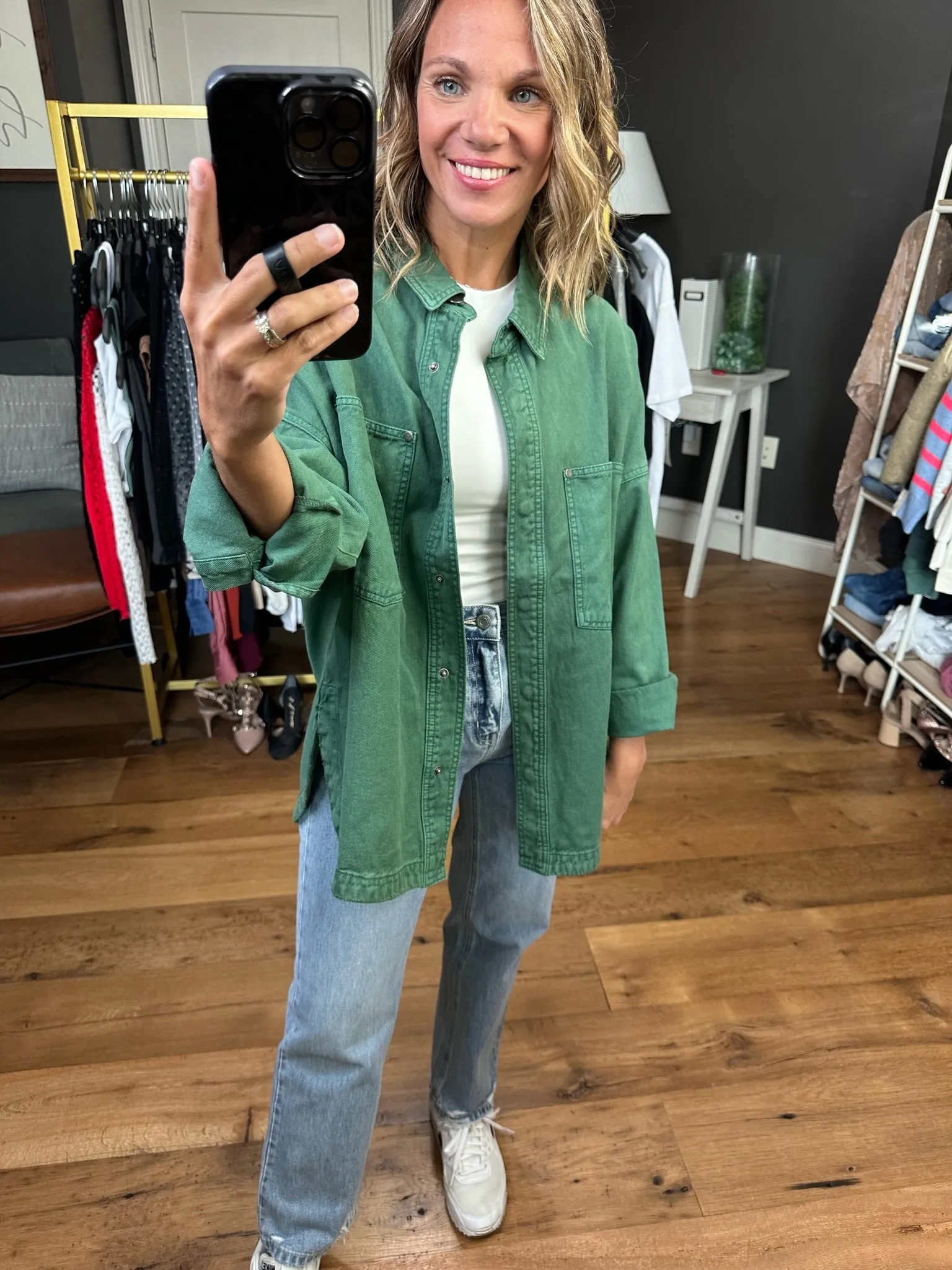 Need A Break Oversized Denim Shacket - Green