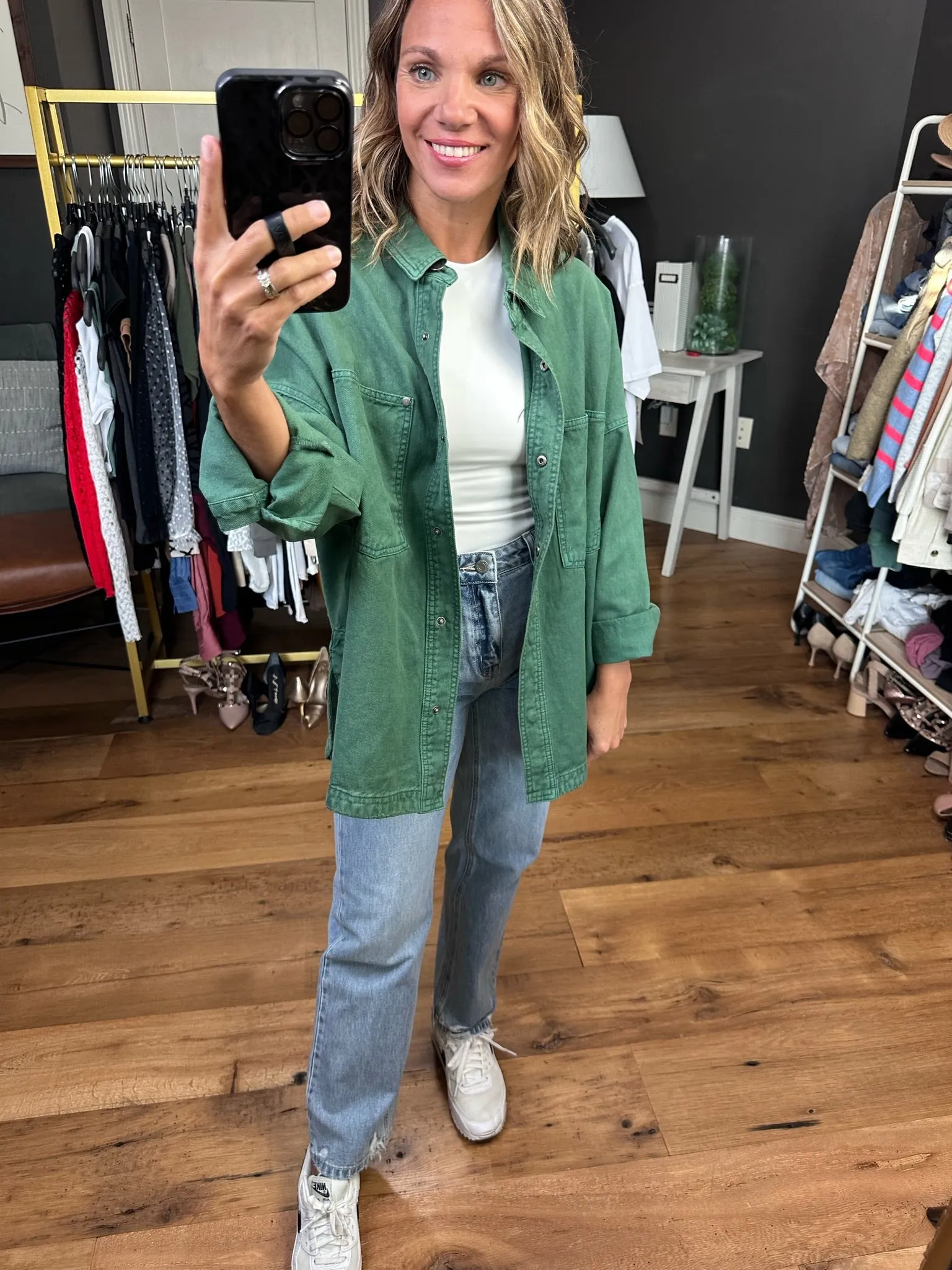 Need A Break Oversized Denim Shacket - Green