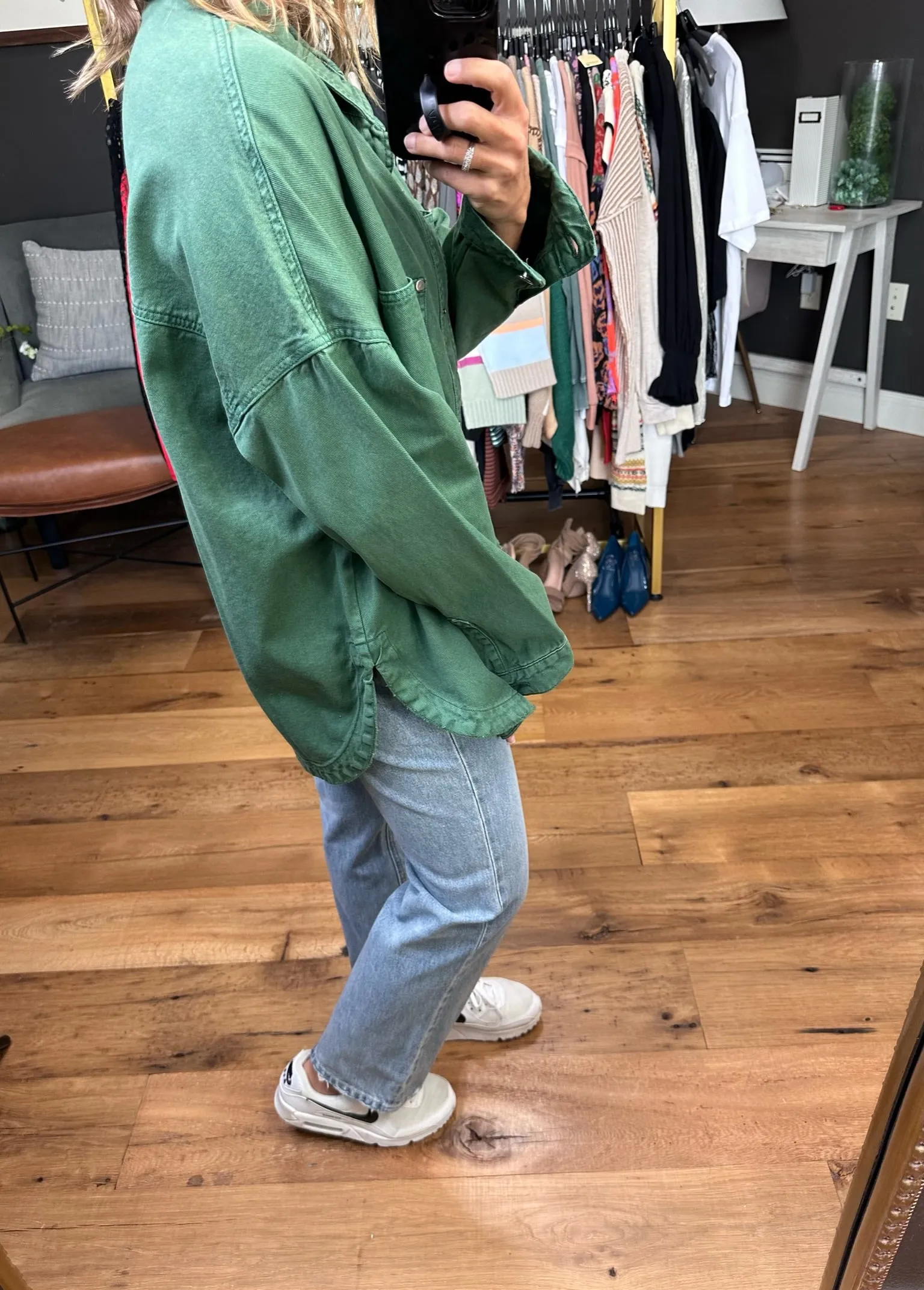 Need A Break Oversized Denim Shacket - Green