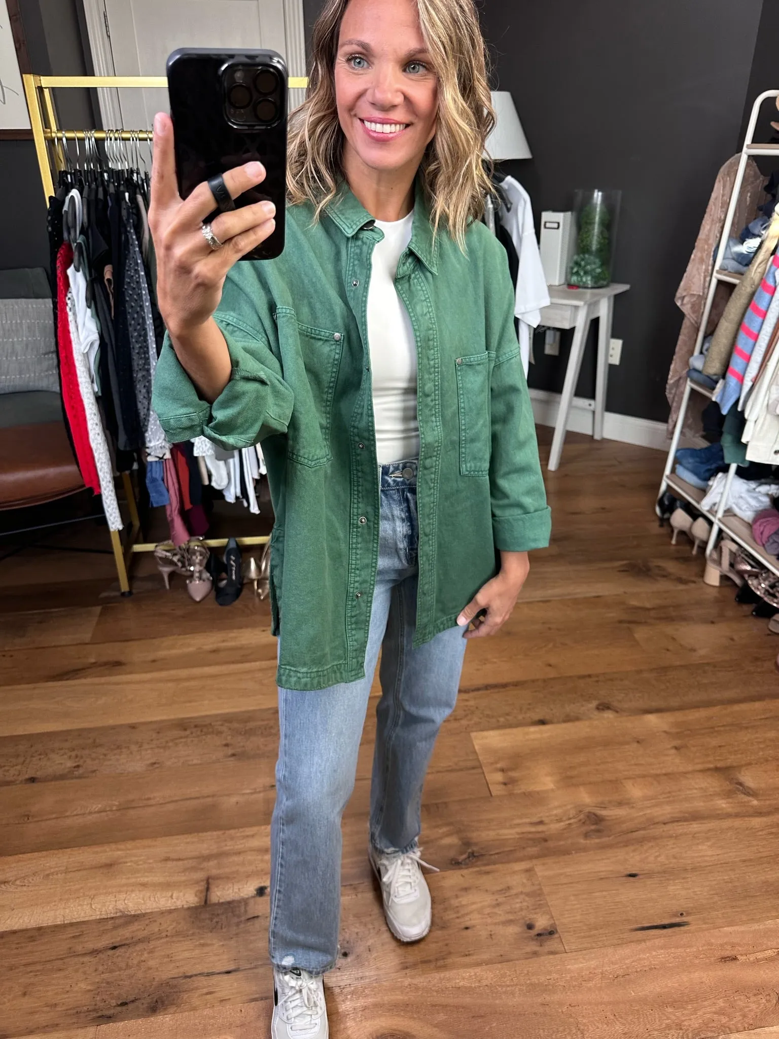 Need A Break Oversized Denim Shacket - Green