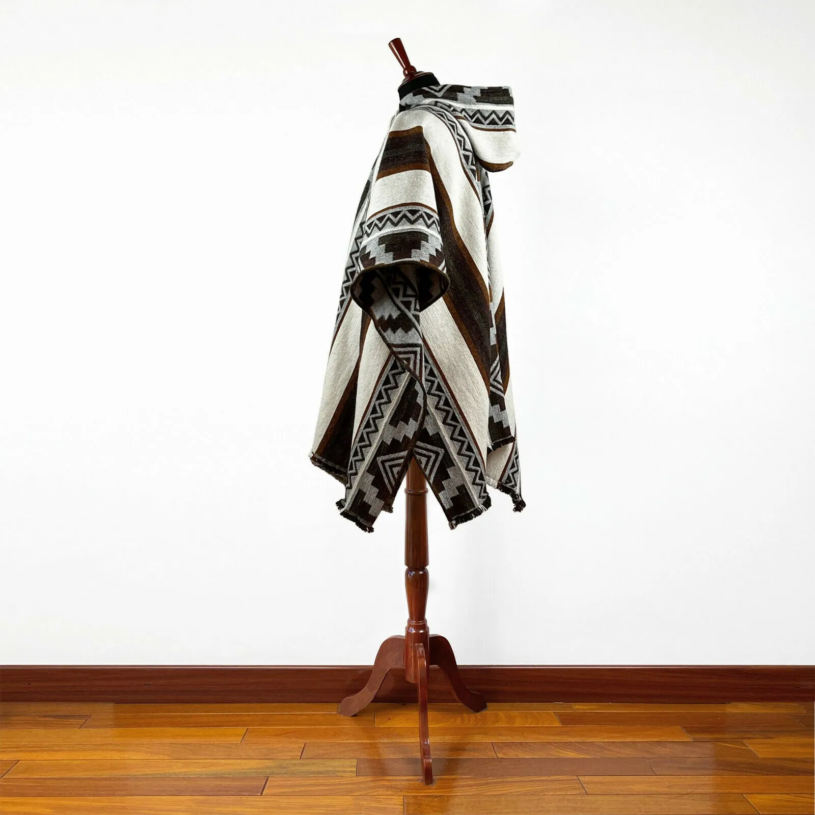 Nunka - Llama Wool Unisex South American Handwoven Thick Hooded Poncho - Andean pattern - natural colours