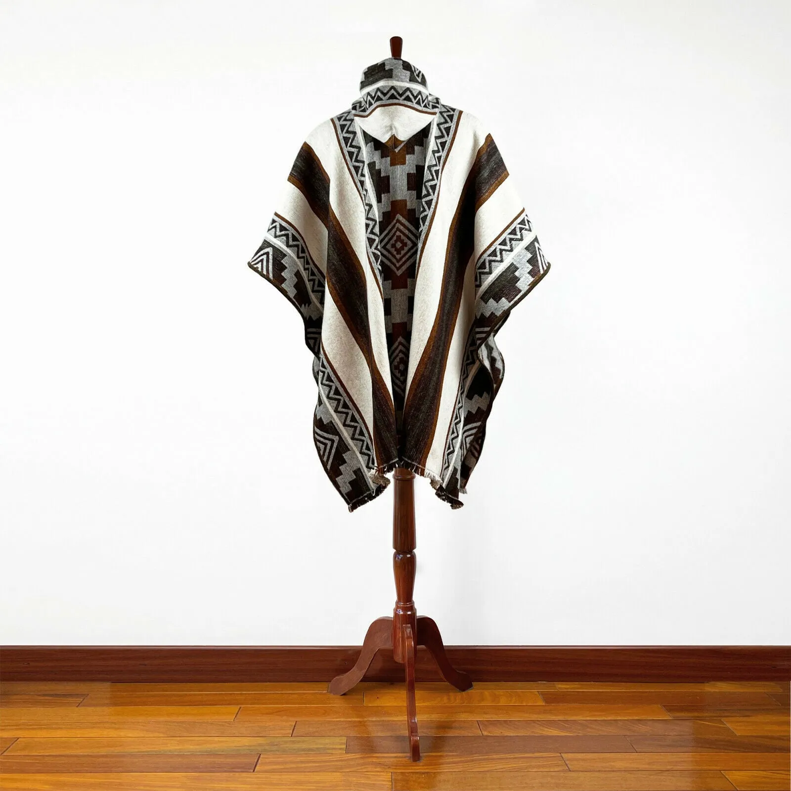 Nunka - Llama Wool Unisex South American Handwoven Thick Hooded Poncho - Andean pattern - natural colours