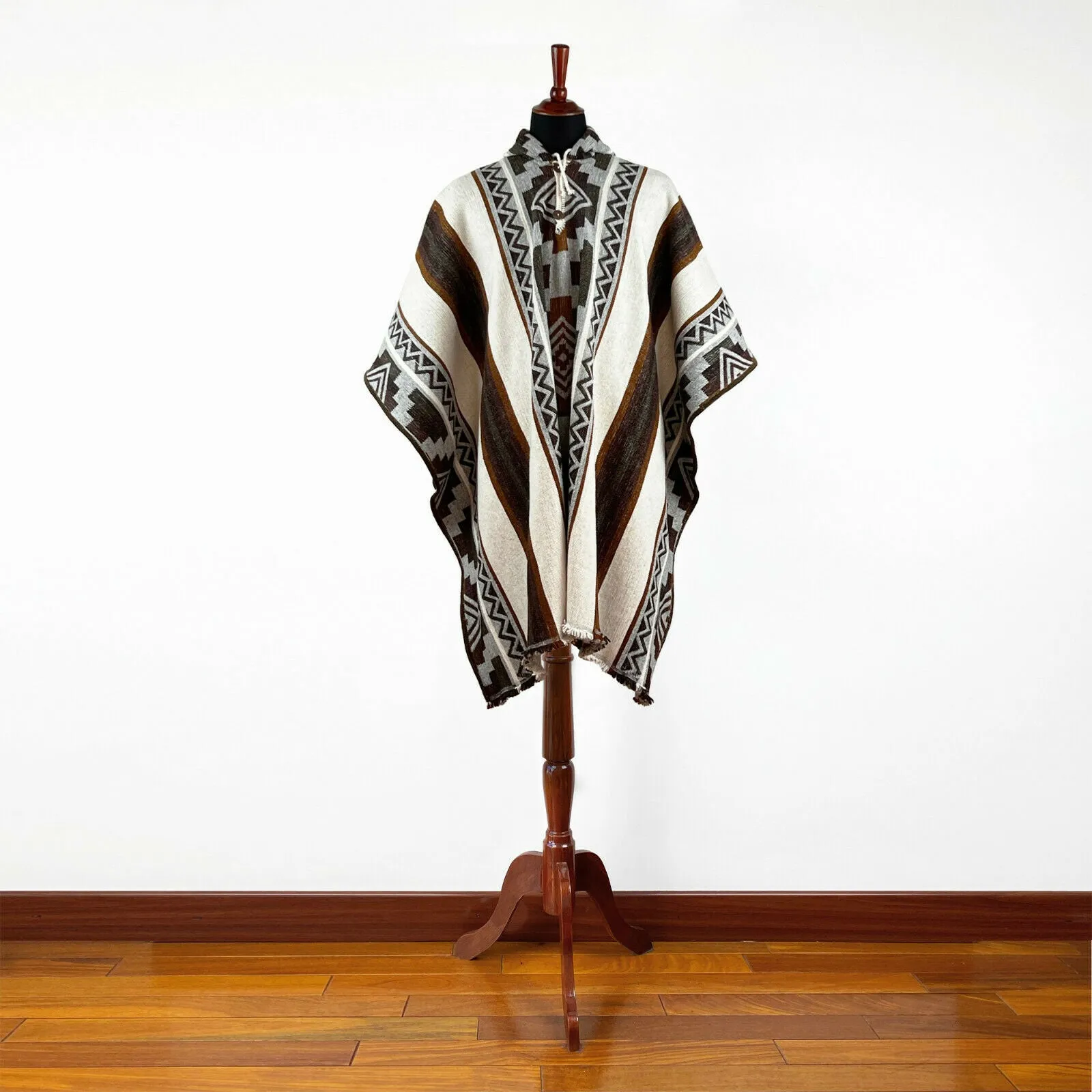 Nunka - Llama Wool Unisex South American Handwoven Thick Hooded Poncho - Andean pattern - natural colours