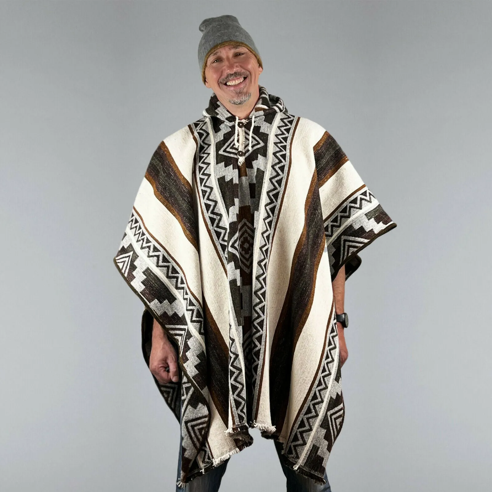 Nunka - Llama Wool Unisex South American Handwoven Thick Hooded Poncho - Andean pattern - natural colours