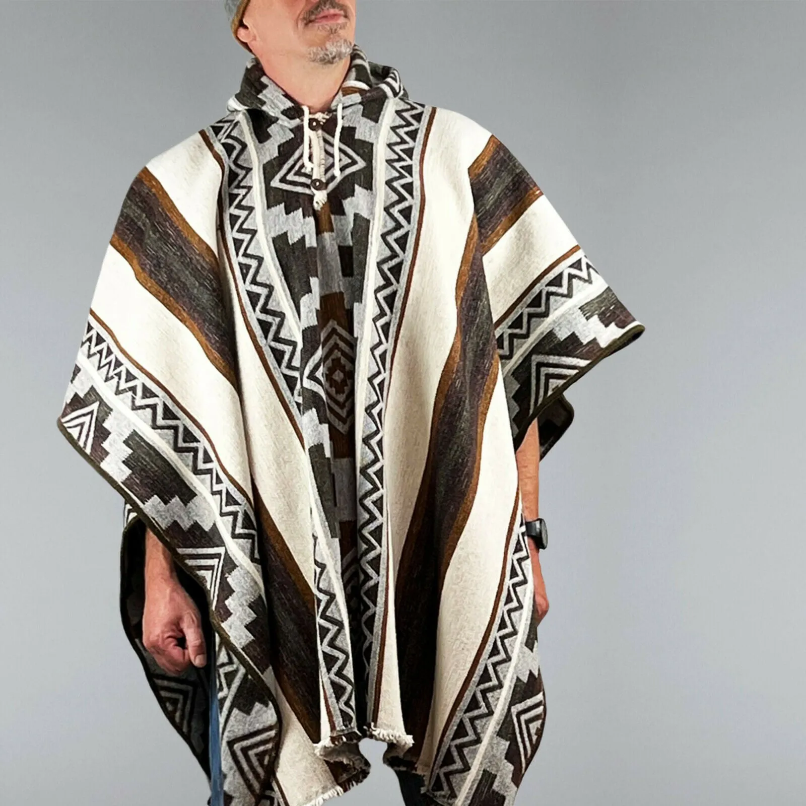 Nunka - Llama Wool Unisex South American Handwoven Thick Hooded Poncho - Andean pattern - natural colours