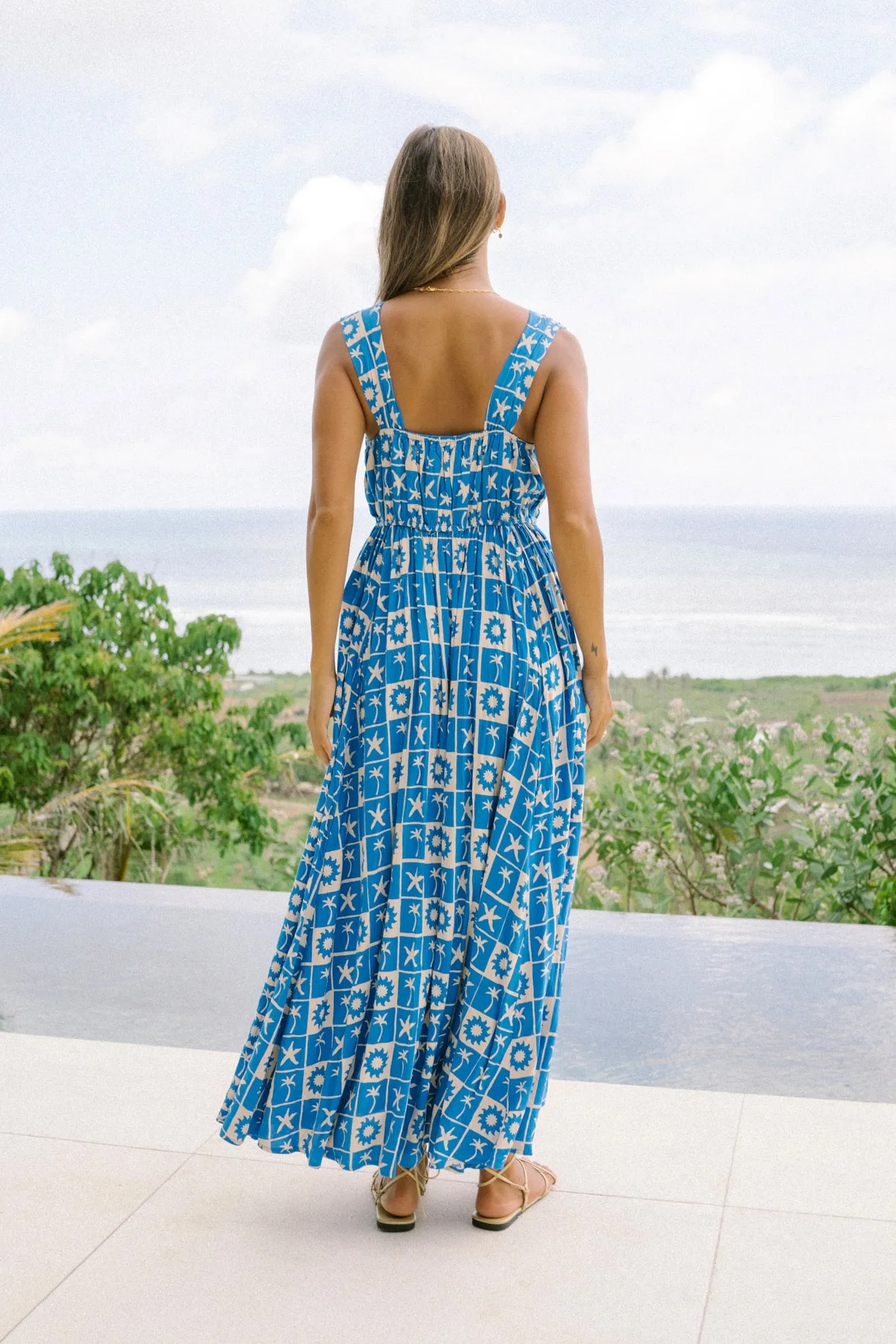 Oliana Blue Tropical Tile Flared Maxi Dress