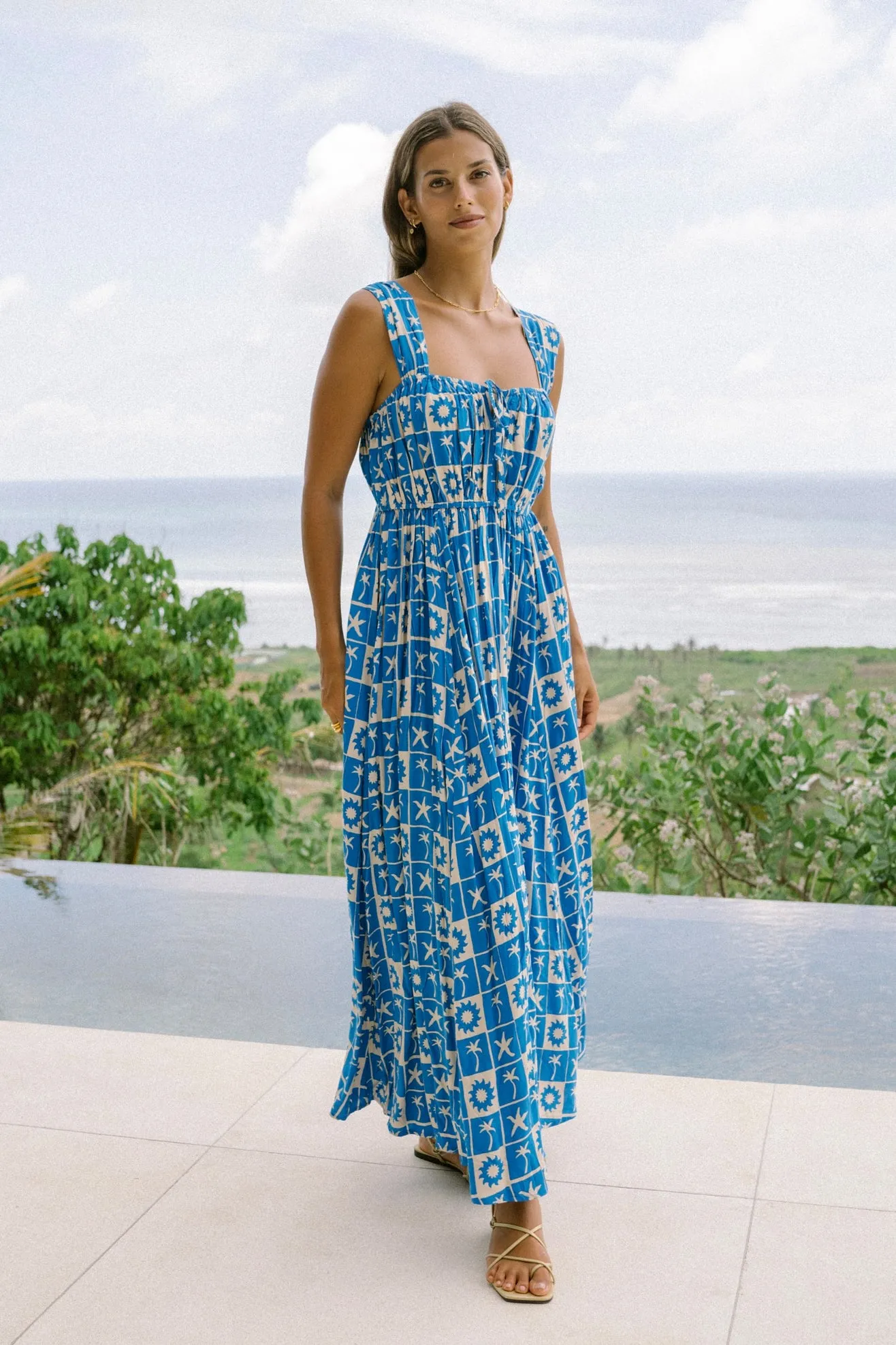 Oliana Blue Tropical Tile Flared Maxi Dress