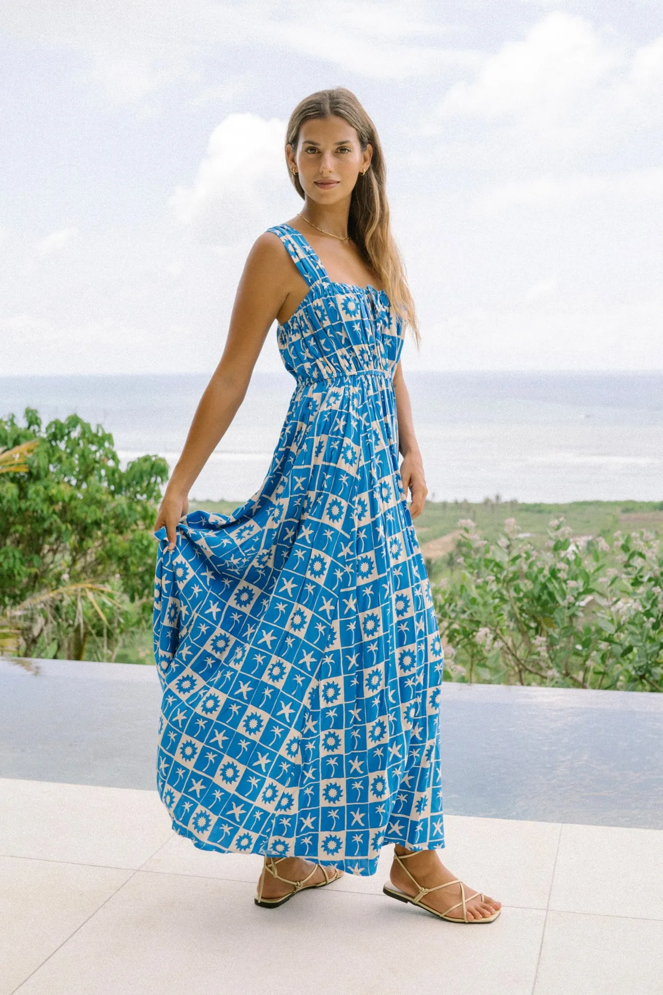 Oliana Blue Tropical Tile Flared Maxi Dress