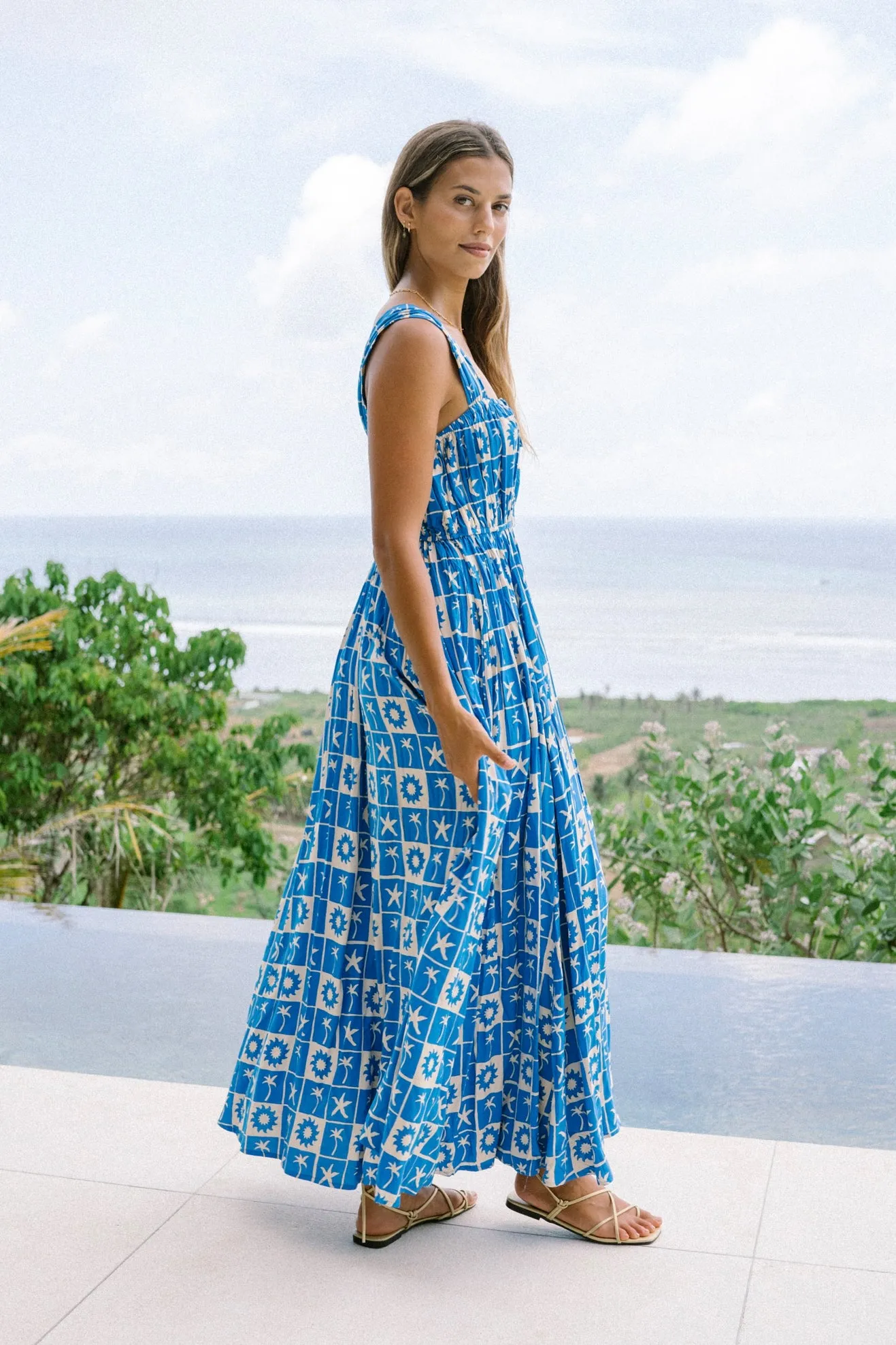 Oliana Blue Tropical Tile Flared Maxi Dress